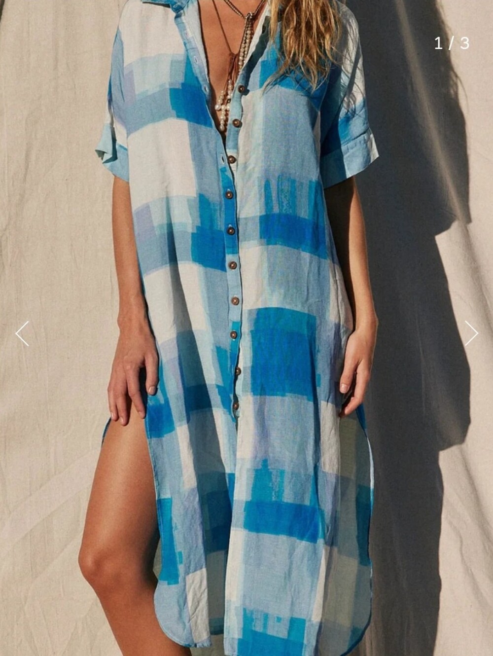 Jen's Pirate Booty Oceanfront Blue Linen Blend Plaid Button Down Dress Msrp $265